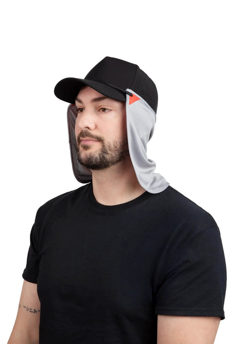 UV Sun Protection Neck Gaiter Dope 2 In 1 Face Covering For Outdoor Fishing, adjustable light gray neck drape on man wearing a cap.