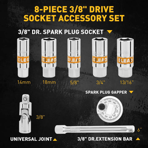 Three Eighths Inch Drive Spark Plug Socket Set With Universal Joint And Six Inch Extension Bar SAE And Metric Sockets displayed