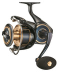 Saltiga G Spinning Reel Beast Mode Ready For Big Game Fishing Heavy Duty Saltwater Workhorse 18000, gold and black finish, side view