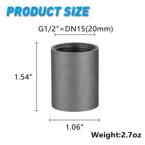 Half Inch Internal Thread Malleable Iron Pipe Couplings For DIY Plumbing, Heavy Duty Black Iron Fittings Pack Of 20 dimensions