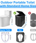 Comparison of regular toilet and Adult Portable Toilet For Camping And Travel. Black, foldable design, 17.5 inch height.