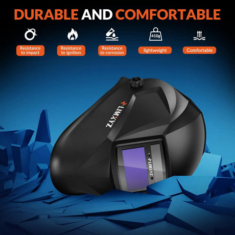 Side view of black Auto Darkening Welding Helmet With Solar Power, Wide 3.66 by 1.69 Inch Viewing Size, Two Arc Sensors.