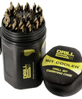 Front view of Drill America 29-piece cobalt stepped drill bit set in round black carrying case with gold oxide finish.