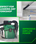 Cordless 18V Wet Dry Vacuum Bare Tool, 1.6 Gallon Capacity, HEPA Filtration displayed in green with hose and vacuuming corner