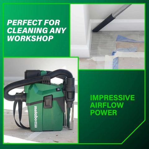 Cordless 18V Wet Dry Vacuum Bare Tool, 1.6 Gallon Capacity, HEPA Filtration displayed in green with hose and vacuuming corner