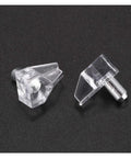Heavy Duty 5mm Clear Shelf Pins 400 Pieces Rock Solid Cabinet Hardware for holding shelves, showing angled clear supports.