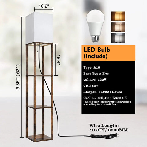 Diagram of Floor Lamp With Shelves Triple Display 63 Inch Tall Space Saving Standing Corner Light With 3 Color Temperature 8W Bulb Wood Brown