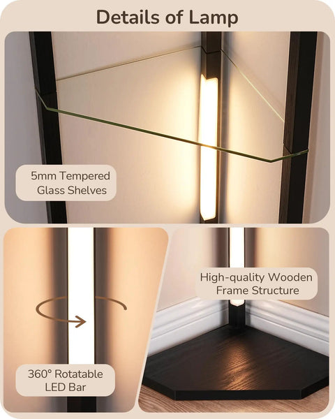 Go To Space Saving Floor Lamp With Built In Table And Shelves showing details of wooden frame, glass shelves, rotatable LED bar