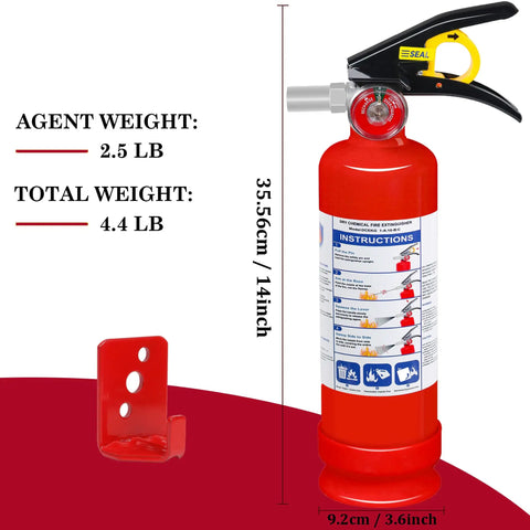 Six Pack 2.5 Lb ABC Dry Chemical Fire Extinguishers With Quick Release Handle For Home Car Boat RV Grill Kitchen And More Ready To Fight Class A B C Fires, shown with bracket