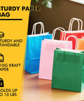 Small Kraft Gift Bags With Handles Set Of 32 In Rainbow Colors Five Point Eight By Three Point Two By Eight Point Two Five Inches Eco Friendly Party Favor Bags For Kids Birthday Baby Shower Weddings Crafts And Party Supplies displayed on table.