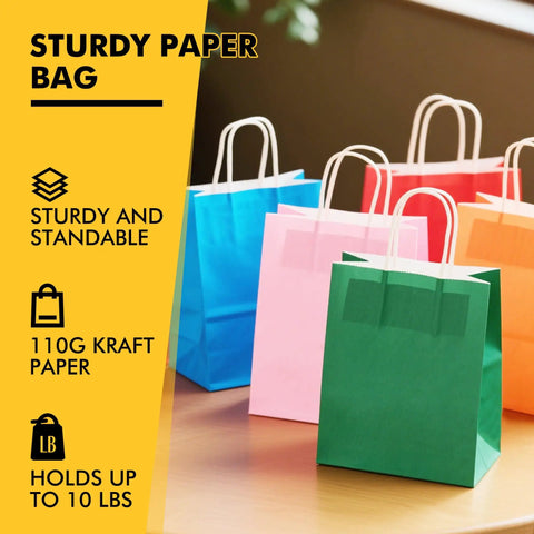 Small Kraft Gift Bags With Handles Set Of 32 In Rainbow Colors Five Point Eight By Three Point Two By Eight Point Two Five Inches Eco Friendly Party Favor Bags For Kids Birthday Baby Shower Weddings Crafts And Party Supplies displayed on table.