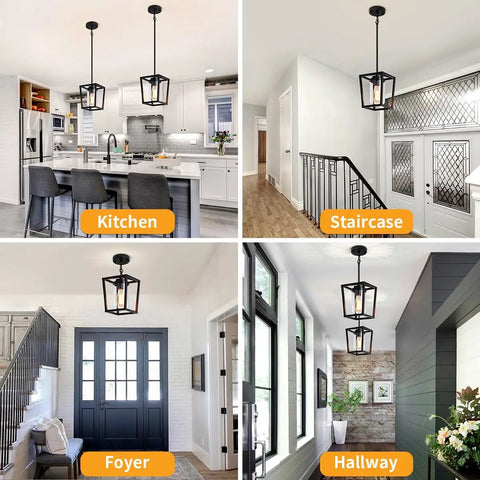 Black Pendant Lights For Kitchen Island, Modern Lantern Fixtures With Clear Glass Shades in Kitchen, Staircase, Foyer, Hallway