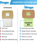Comparison of iSingo and other vacuum bags showing features of 15 Pack Type BB Compact Canister Vacuum Bags Replacement For BB180 BB280 BB850 BB870 BB900 BB1000 MV160 CC1600 Heavy Duty Pro Grade With Four Motor Filters And Easy Fit For Home Use.