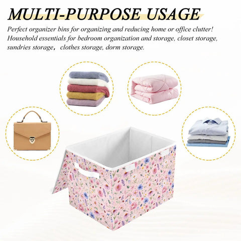 Heavy Duty Foldable Storage Bin With Secure Flip Top Lid And Collapsible Build For Bedroom Essentials and game changing space saving clutter organizers, floral design.