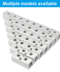 Nine stacked aluminum air manifolds showing ports for Three Way Five Port Aluminum Air Manifold Inline Block Splitter