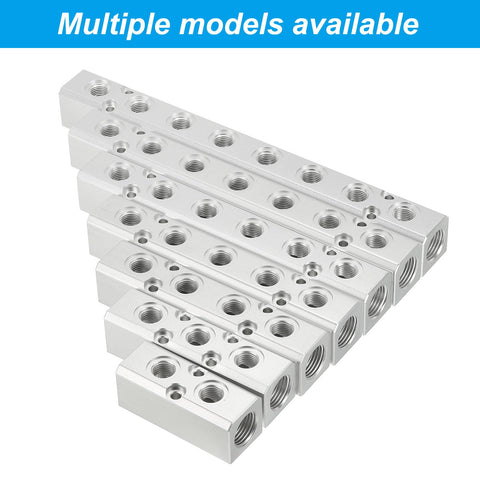 Nine stacked aluminum air manifolds showing ports for Three Way Five Port Aluminum Air Manifold Inline Block Splitter