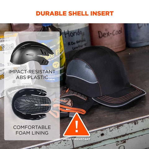 Safety Bump Cap Baseball Style Hat With Long Brim For Comfortable Head Protection Removable High Density Shell Breathable Side Vents Reflective Piping On Brim Navy Blue Skullerz 8950 Work Cap with impact-resistant shell and foam lining