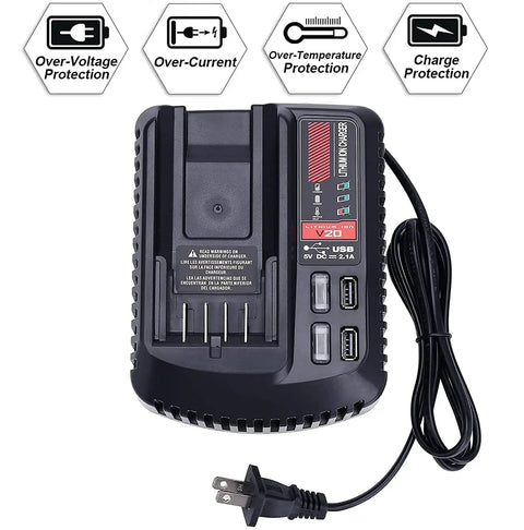 V20 Battery Fast Charger Replacement With 2 USB Ports For 20V Max Lithium Ion Batteries Compatible With CMCB202 CMCB204 CMCB206