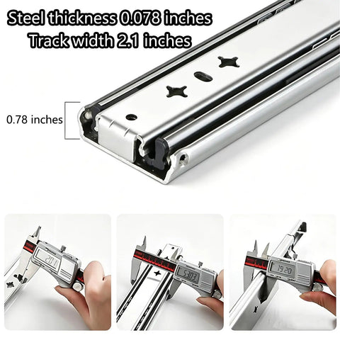 Heavy Duty Drawer Slides With Secure Lock And Full Extension Ball Bearings Side Mount Rails Built Tough For Rv Chests Toolboxes Workbenches And Cabinet Drawers At Fifty Eight Inches Long measuring steel thickness 0.078 inches and track width 2.1 inches.