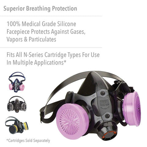 NIOSH-Approved Half Mask Silicone Respirator Small with snug contoured seal, adjustable cradle straps, purple cartridges shown