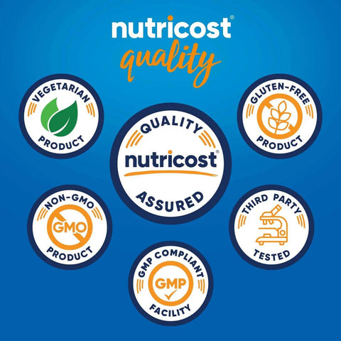 Badge certifications for Nutricost: vegetarian, non-GMO, gluten-free, GMP compliant, quality assured, third-party tested