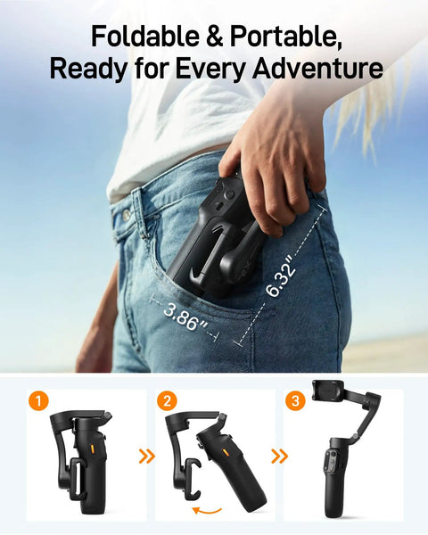 Compact 3 Axis Phone Gimbal in pocket, showing foldable travel design, with detachable magnetic remote visible.