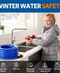 Child by sink with Heated Water Hose For RV And Campers With Ultra Low Temp Protection To Minus 45 Degrees Fahrenheit coiled nearby.