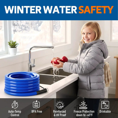 Child by sink with Heated Water Hose For RV And Campers With Ultra Low Temp Protection To Minus 45 Degrees Fahrenheit coiled nearby.