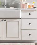 Matte Black Cabinet Knobs 10 Pack Kitchen Drawer Hardware Modern Cabinet Pulls on a white bathroom vanity with drawers.
