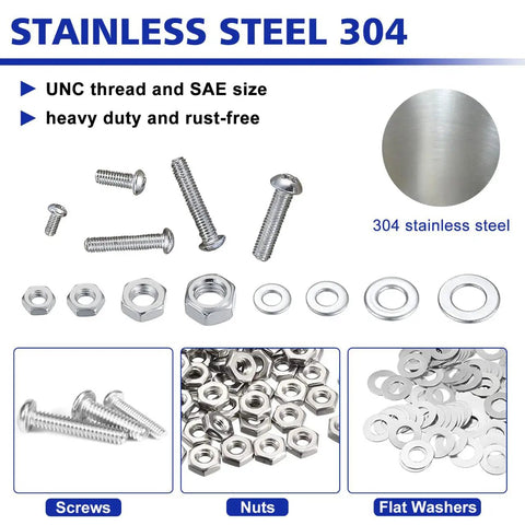 1800 Piece Hardware Set With Stainless Steel Nuts Bolts Washers And Screws In A Double Sided Yellow Organizer Box Includes Phillips Pan Head And Flat Head Screws And SAE Size Variants For DIY Projects