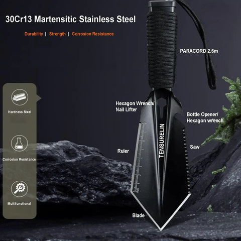 Go To Folding Camping Shovel Multi Tool With High Carbon Steel Build in outdoor setting, highlights nail lifter, bottle opener.