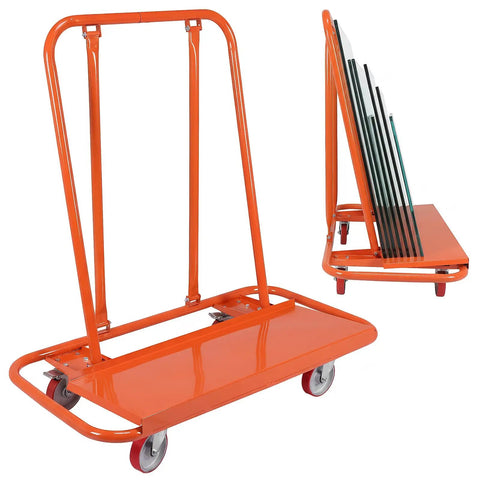 Heavy Duty Wall Panel Trolley Drywall Sheet Cart With Rock Solid Steel Frame Detachable Design For Warehouse And Construction Job Sites High Capacity Built Tough For The Daily Grind in orange with dual wheels and folding design.
