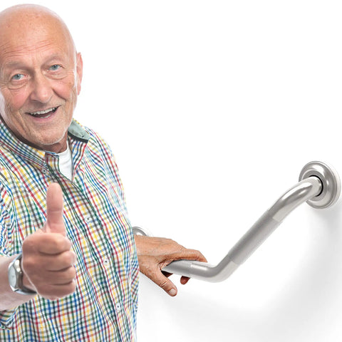 Man holding Angled Wall Mount Grab Bar 1 1/4 Inch with Knurled Grip for Stud Installation, ADA Compliant Heavy Duty 500 Lb Support