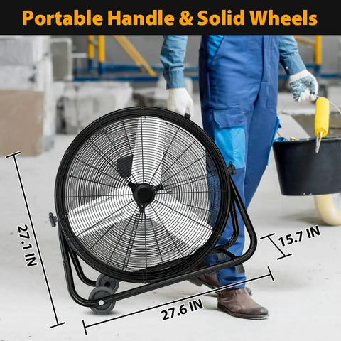 24 Inch Industrial Drum Fan With 8900 CFM High Velocity Air Circulator, Heavy Duty Metal Floor Fan, 3 Speed Settings, 360 Degree Tilt