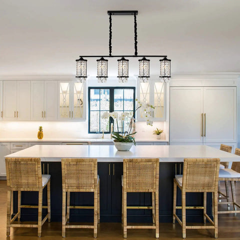 Five Light Modern Crystal Kitchen Island Pendant Light Black Metal Semi Flush Chandelier Height Adjustable in kitchen setting