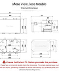 Technical dimensions and internal views of Weatherproof IP67 Outdoor Junction Box Enclosure with mounting plate.