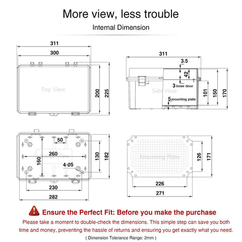 Technical dimensions and internal views of Weatherproof IP67 Outdoor Junction Box Enclosure with mounting plate.