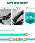 Graphical comparison showing damaged hoses, aging hoses, and DIY new hose using Two Pack Premium Solid Brass Pneumatic Reusable Hose End Repair Fittings With 3/8 Barb For 3/8 Inch ID Rubber Air Hose And 1/4 NPT Durable Corrosion Resistant Build For Quick DIY Repairs And Custom Lengths Save Money