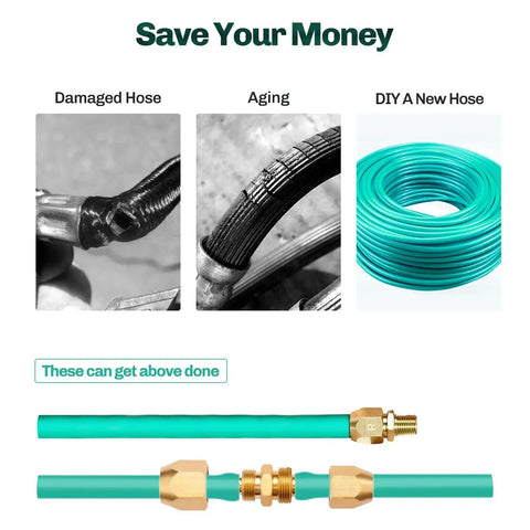 Graphical comparison showing damaged hoses, aging hoses, and DIY new hose using Two Pack Premium Solid Brass Pneumatic Reusable Hose End Repair Fittings With 3/8 Barb For 3/8 Inch ID Rubber Air Hose And 1/4 NPT Durable Corrosion Resistant Build For Quick DIY Repairs And Custom Lengths Save Money