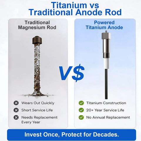 Comparison of traditional magnesium rod and titanium powered anode rod for hot water heaters, highlighting durability and service life.