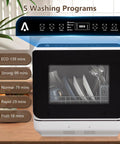 Lightweight Portable Countertop Dishwasher With Dual Water Modes And Five Custom Cycles showing control panel and glass viewer.