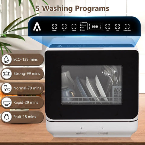 Lightweight Portable Countertop Dishwasher With Dual Water Modes And Five Custom Cycles showing control panel and glass viewer.