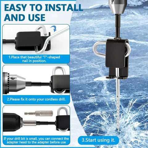 All In One Ice Anchor Tool Kit With Drill Adapter showing installation process on frozen lake surface, stainless steel auger.