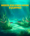 Underwater scene with the text 'Weedless EWG Hook Equipped' showing swimbaits swimming, representing weighted swimbait hooks.