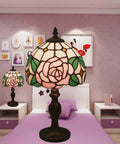 8 Inch Tiffany Style Pink Rose Table Lamp For Girl Bedroom Bedside Nightstand Decor Stained Glass Lamp With Bronze Vintage Base Romantic Gift For Girlfriend Or Lover Cozy Accent Lighting in bedroom setting