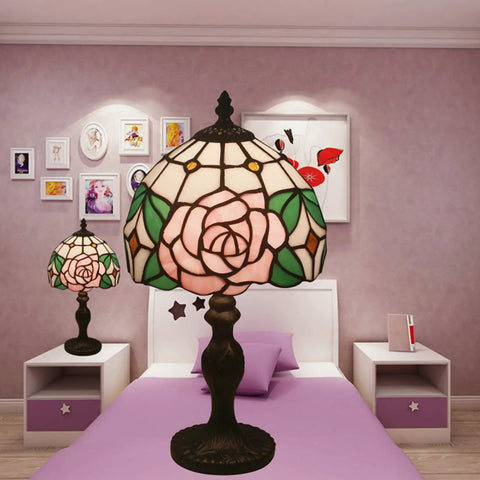 8 Inch Tiffany Style Pink Rose Table Lamp For Girl Bedroom Bedside Nightstand Decor Stained Glass Lamp With Bronze Vintage Base Romantic Gift For Girlfriend Or Lover Cozy Accent Lighting in bedroom setting