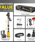 Cordless Stick Water Transfer Pump 740 GPH Compatible With 20V Max Battery, packaging, and included accessories overview.