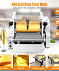 Automatic Electric Tortilla Maker Press With Non Stick Surface, featuring 304 stainless steel body and dough rolling mechanism.