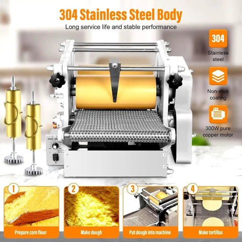 Automatic Electric Tortilla Maker Press With Non Stick Surface, featuring 304 stainless steel body and dough rolling mechanism.