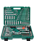 Must Have Car Repair Tools Kit Quarter Inch Drive Socket Wrench Ratchet Set 150 Piece Mixed Packaging open in green case